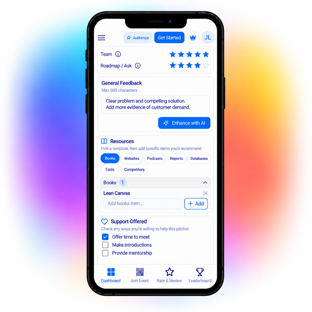 QuickPitch mobile feedback screen with filled ratings, written feedback, recommended resources, and an offer to meet.